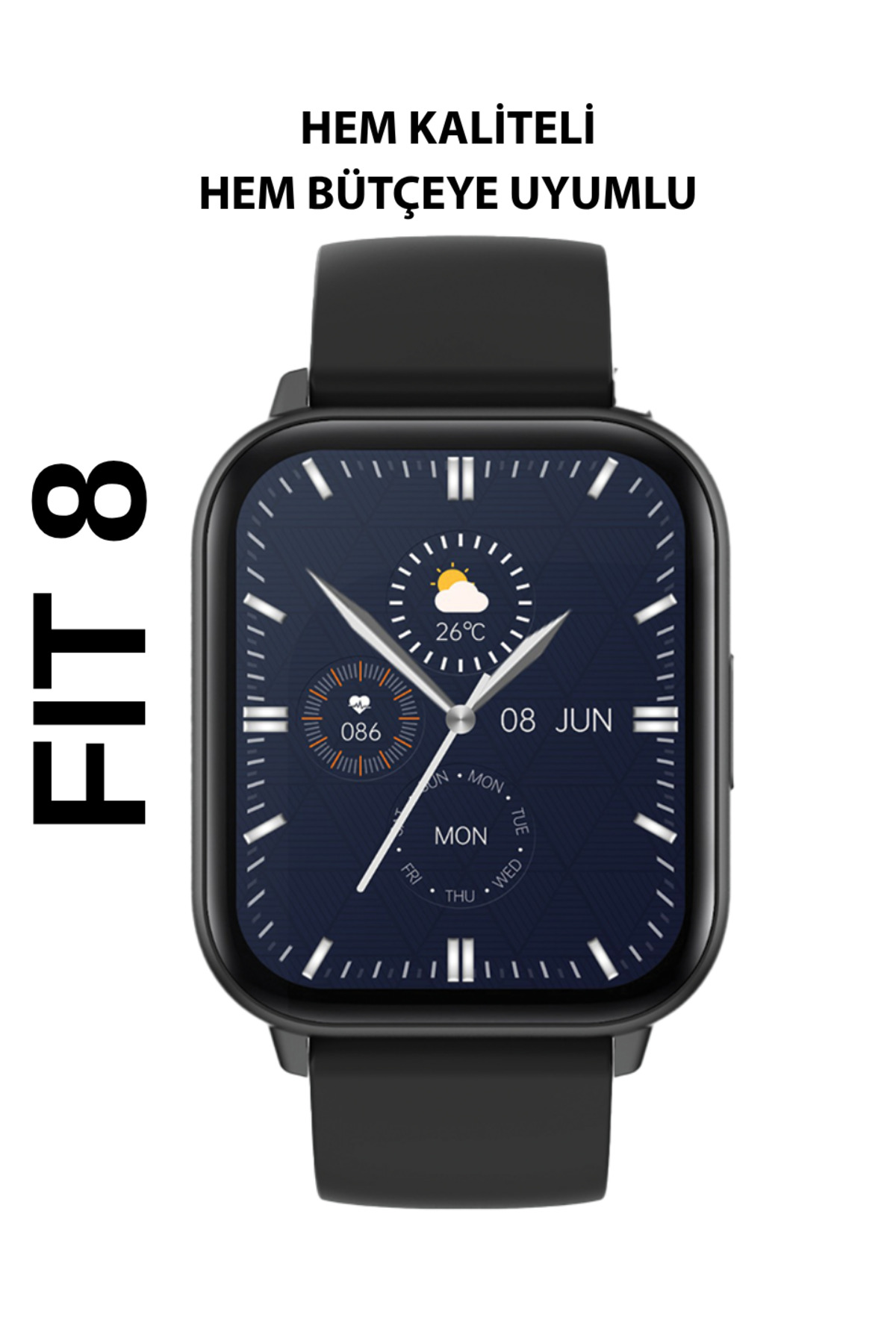 Fit8 Akıllı Saat Alüminyum Kasa Spor Silikon Kordon Siyah