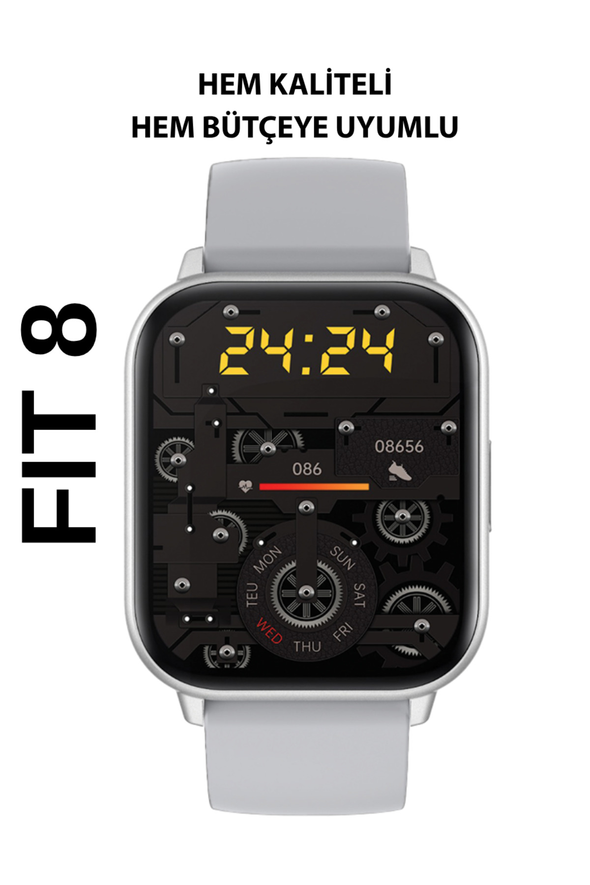 Fit8 Akıllı Saat Alüminyum Kasa Spor Silikon Kordon Gümüş